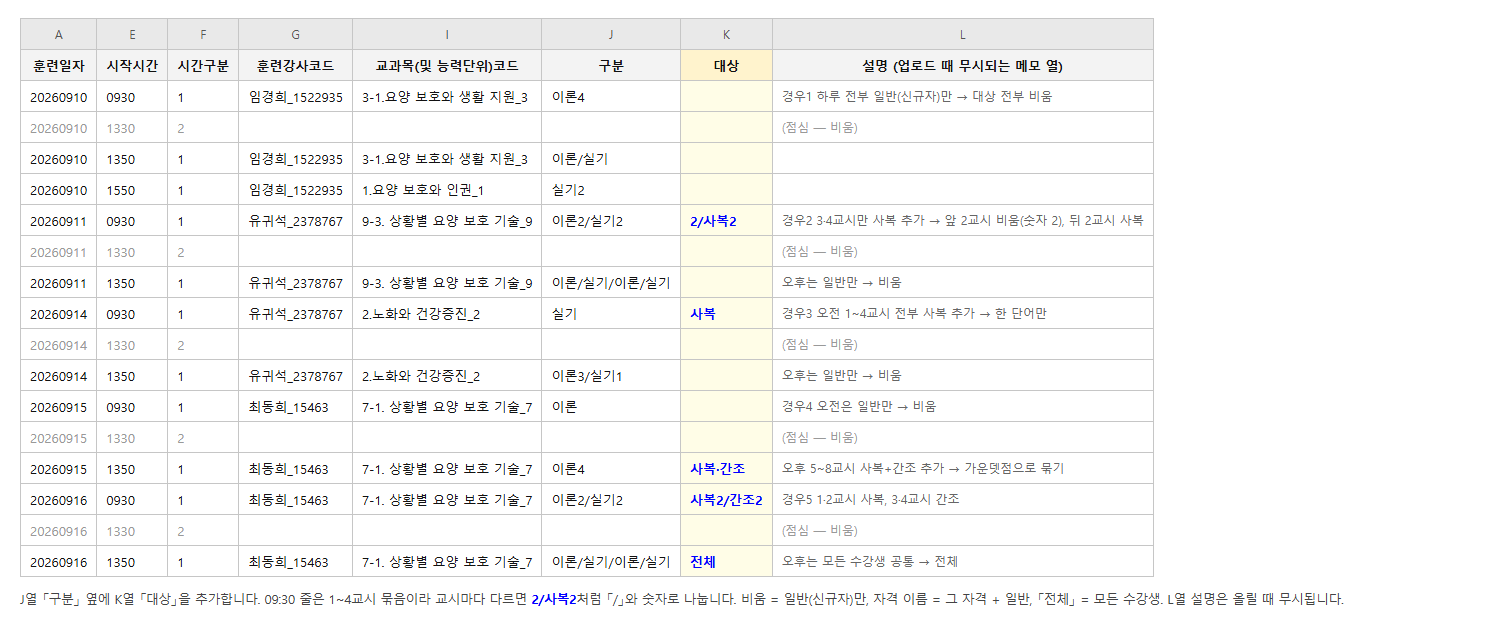 합반 — 신규자와 자격소지자가 함께 듣는 개강 7단계 화면